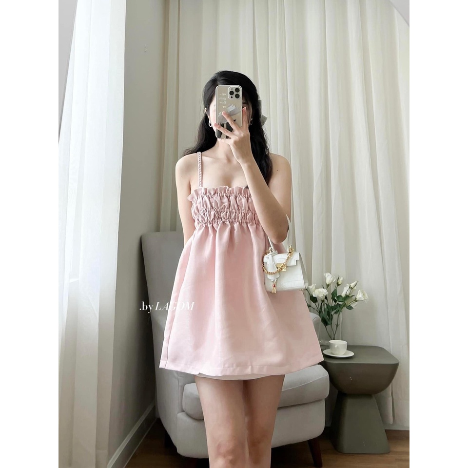 áo kiểu thiết kế thắt bím BC84A2 ôm ngực dáng xòe babydoll hồng xanh trắng