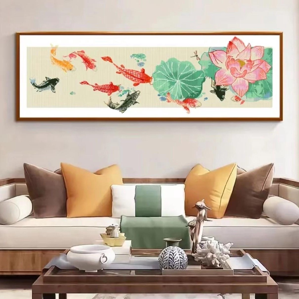 Tranh thêu chữ thập thêu kín cửu ngư và hoa sen