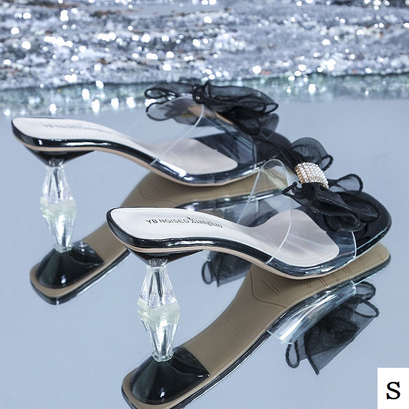 Dép Cao Gót Quai Ngang Trong Suốt Đính Đá Thời Trang Mùa Hè 2022 Cho Nữ