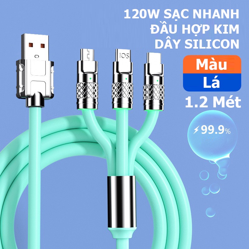 Dây Cáp Sạc Nhanh 3 Đầu 120w Hỗ Trợ Sạc Nhanh 3 Trong 1, Chất Liệu Silicon và Hợp Kim Kẽm Siều Bền - TuHaiStore