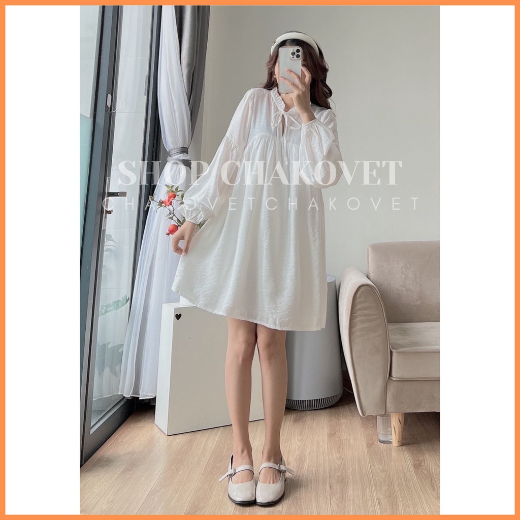 Đầm Babydoll Cổ V Có Dây Thắt Nơ Phong Cách Retro V8599 Váy Dáng Midi Tay Phồng Bo Chun Vintage Cực Sang Trọng -CHAKOVET