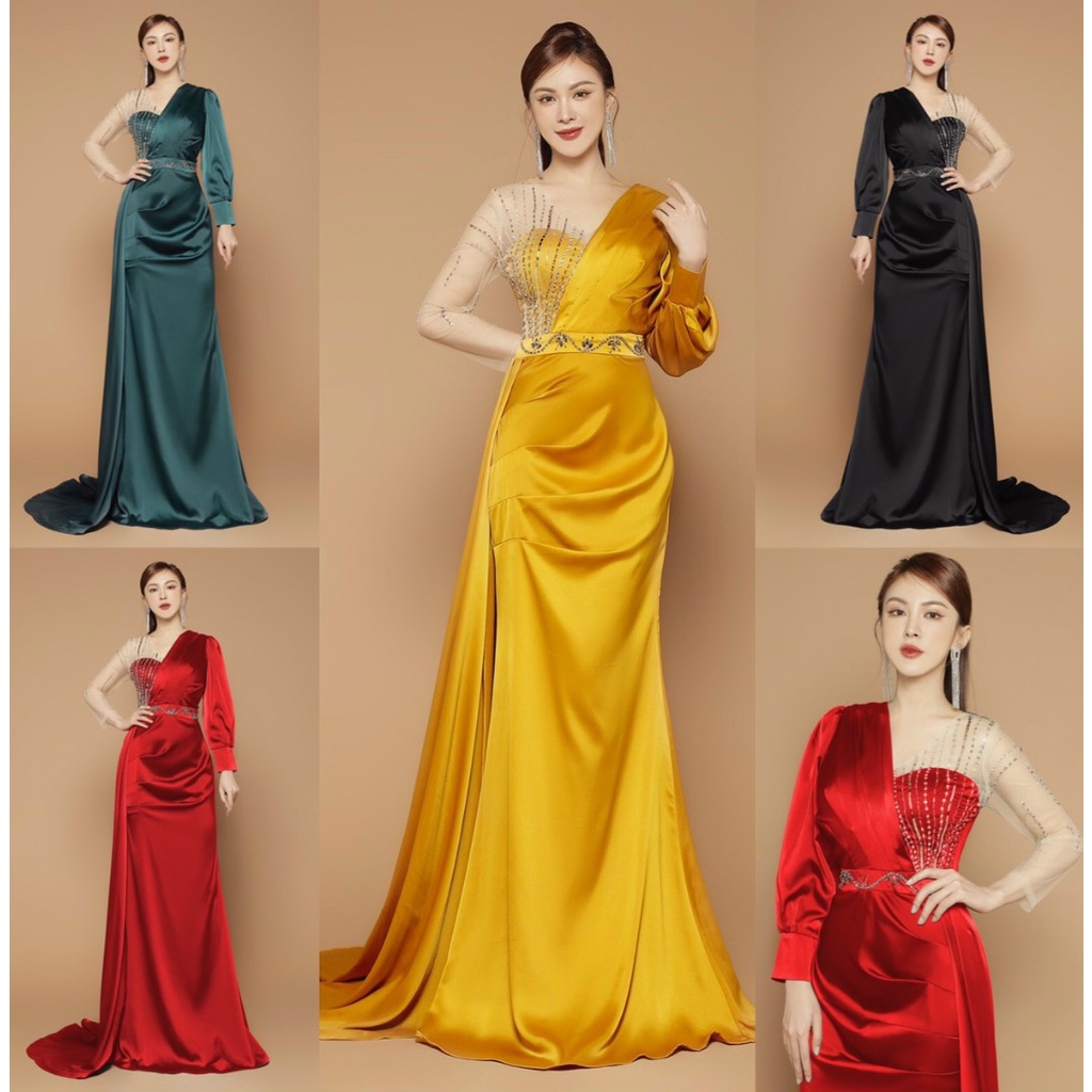Đầm dạ hội phi lụa phối vai sang chảnh - Mua váy dạ hội tay dài đẹp
