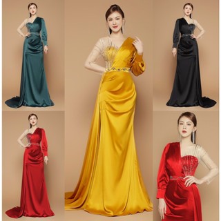 Đầm dạ hội phi lụa phối vai sang chảnh - Mua váy dạ hội tay dài đẹp