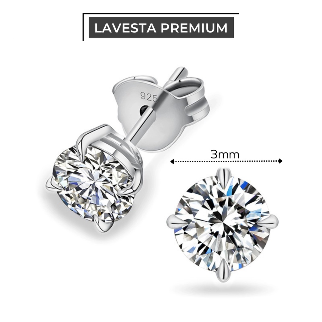 Bông tai nụ nam - nữ kim cương nhân tạo Moissanite 3 ly LAVESTA KC60 bao test kiểm định
