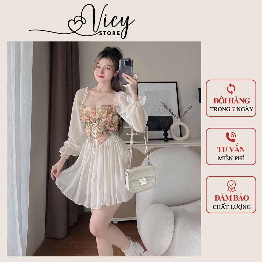 Đầm tiểu thư ôm eo tay dài dáng ngắn, váy nữ công chúa phong cách sang chảnh dể thương Vicy DTTHU008