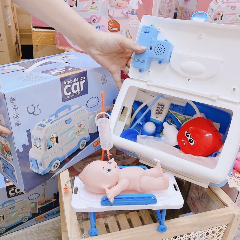 Set đồ chơi bác sĩ xịn xò kèm xe cứu thương siêu to đẹp, có đèn có nhạc