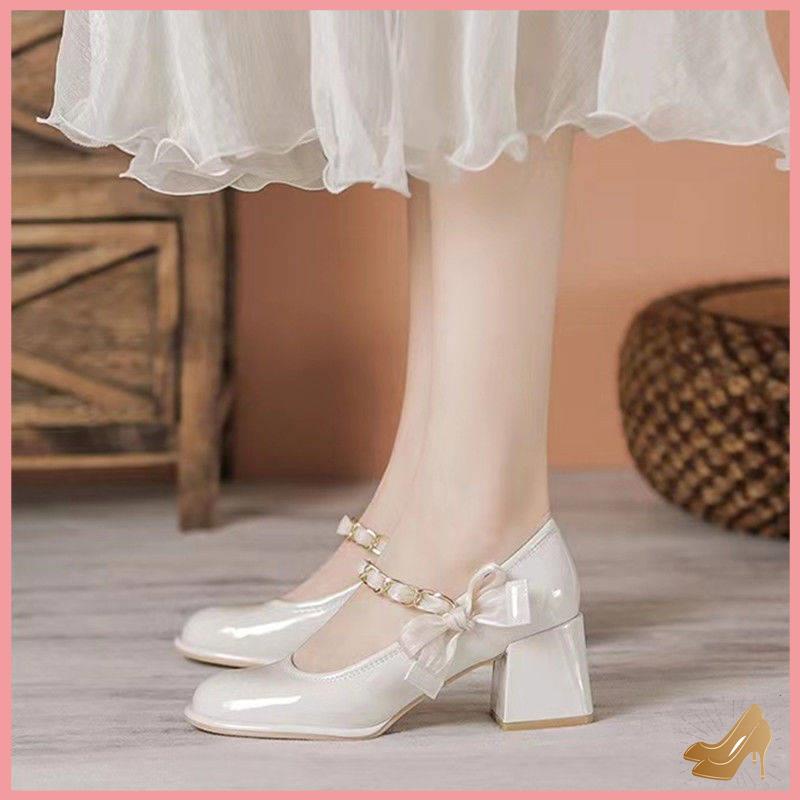 Giày cao gót nữ giày da gót vuông nơ