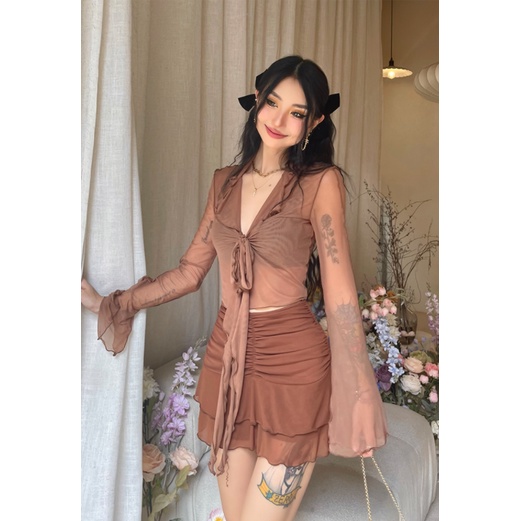 Cocory vn Áo Croptop Tay Dài Phối Ren Lưới Thời Trang Quyến Rũ Cho Nữ