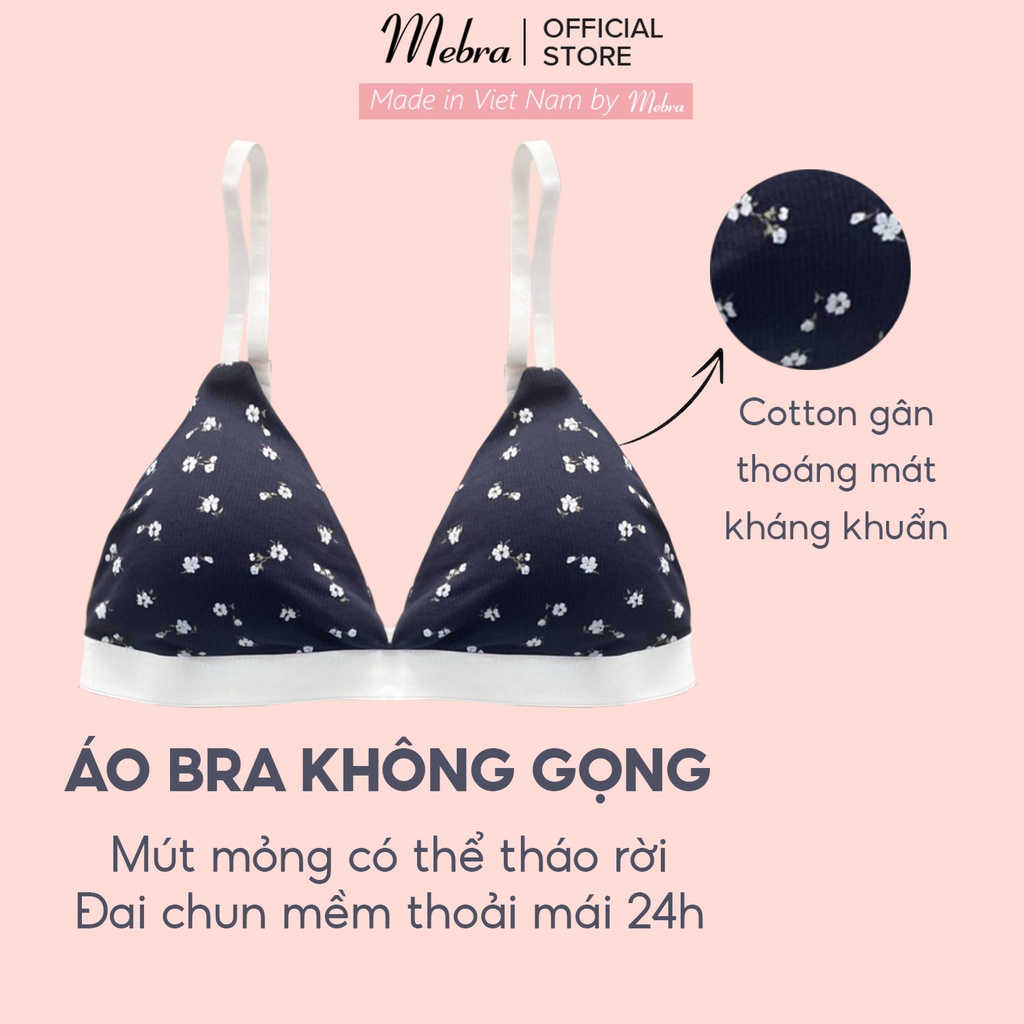 Bộ đồ lót Bikini nữ cotton gân co giãn xanh đen hoạ tiết hoa nhí xinh xắn mùa hè không gọng mút mỏng tháo rời Mebra A063 | BigBuy360 - bigbuy360.vn