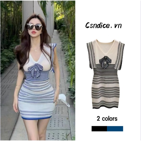 Sọc Đầm Dệt Kim Váy , Phong Cách Hàn Quốc Đầm Maxi Dệt Kim Tay Ngắn