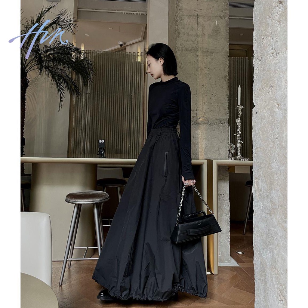 Chân Váy Đen Lưng Cao Dáng Rộng Phong Cách Thể Thao Thời Trang Xuân Thu Cho Nữ