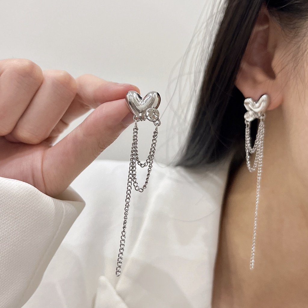 Khuyên tai kẹp không bấm lỗ chốt cố định K009 bằng hợp mạ bạc hình trái tim dáng dài Leous Accessories