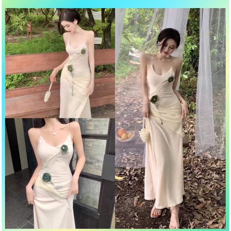 Đầm hai dây họa tiết hoa trà dáng dài ôm body hebe's 2022 hàng có sẵn