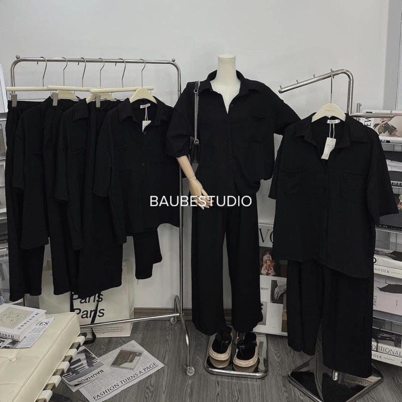 Set Bộ Xốp Nhăn Mềm Quần Ống Suông Tông Màu Tối Giản Mã CH1