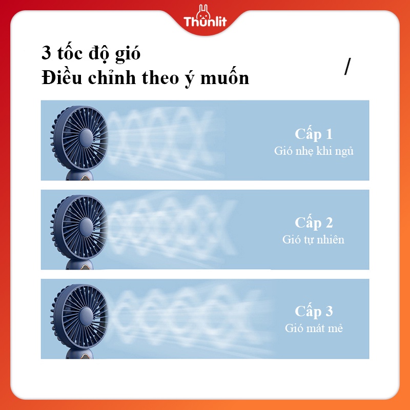 Quạt pin cầm tay Thunlit có năng lượng hiển thị 1200mAh 3 tốc độ gió di động có thể sạc lại