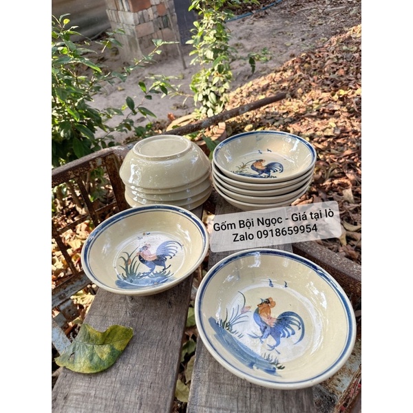 Combo 10 Dĩa Vẽ Gà Lòng Sâu NEOP  Size Đại ĐK 20cm - Gốm Xưa Cho Người Hoài Niệm - Gốm Lái Thiêu - Gốm Nam Bộ