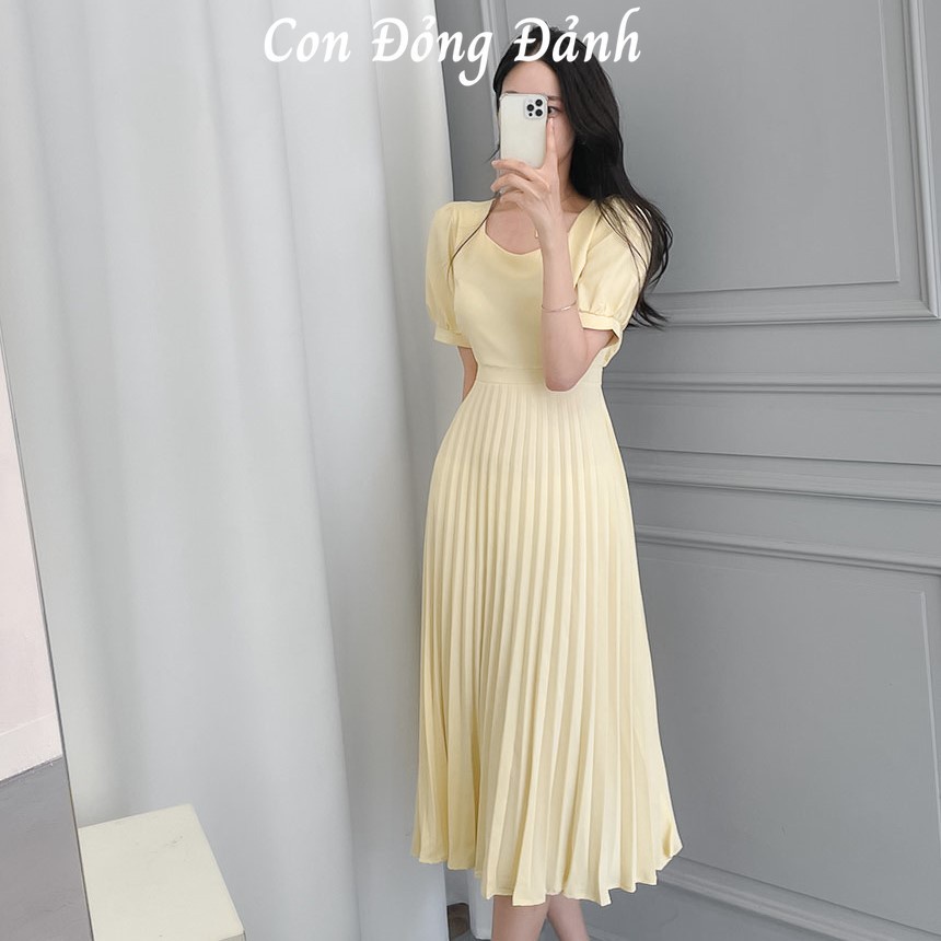 Váy Cổ Vuông Tay Phồng Thắt Nơ Eo Xòe Dài Xếp Ly Nhẹ Nhàng Tiểu Thư Thanh Lịch Hàn Quốc VD006