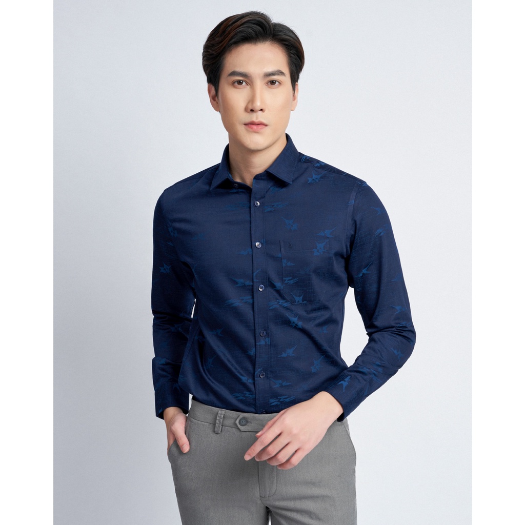 Áo sơ mi nam dài tay vải sợi tre cao cấp 8216 màu xanh than in họa tiết - Vulcano