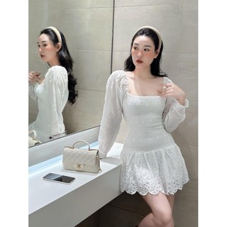 ĐẦM CHUN NHÚN TAY PHỒNG VAI REN HOA TRẮNG  ✨