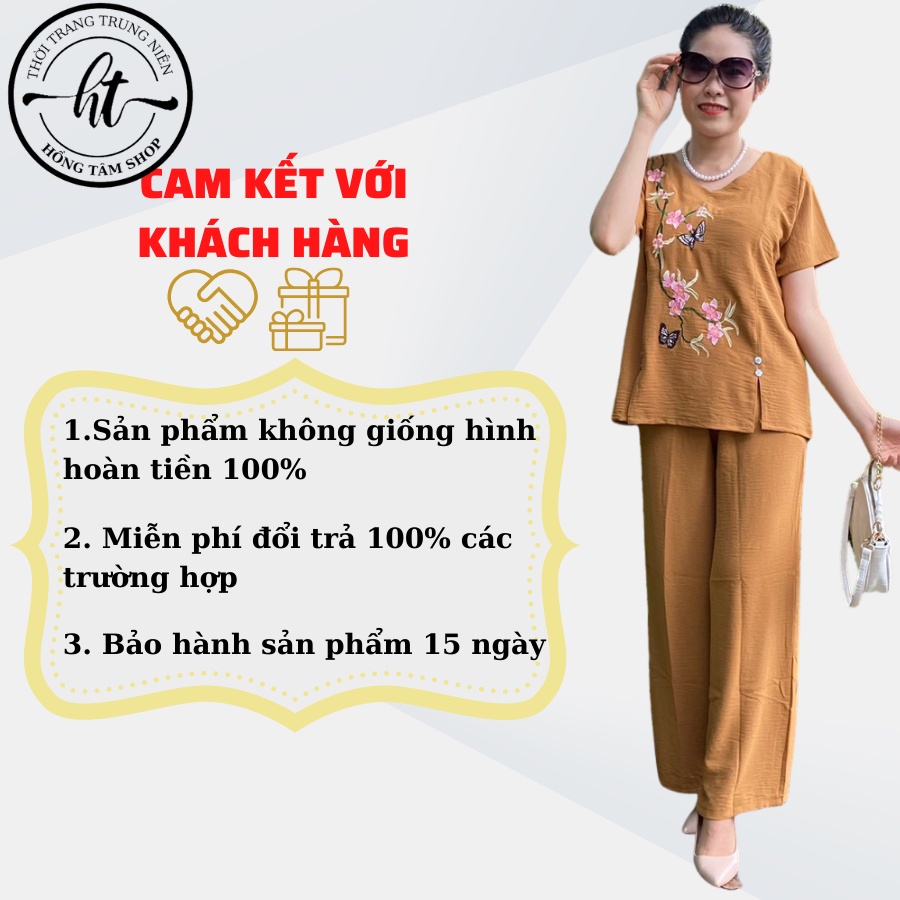 Đồ bộ cho mẹ mặc nhà trung niên, bộ đũi trung niên nữ thêu hoa, quần dài ống rộng cao cấp. CĐ