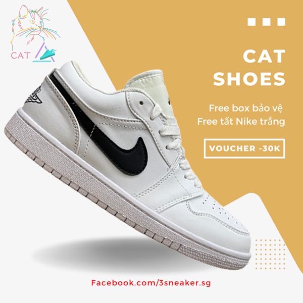 Giày Nike Jordan 1 Low White Swoosh Black, JD1 Thấp Xám Móc Đen; Full Box, Phụ Kiện, Tặng Vớ Trắng