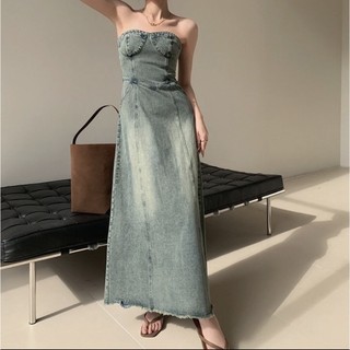 Váy jeans xanh mài cúp ngực dáng a dài