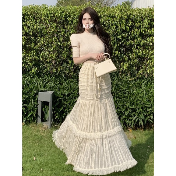 Set áo len cộc tay YIMI kèm chân váy xòe dài tua rua