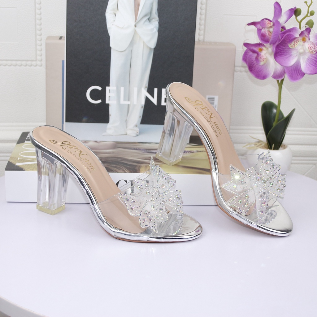 Giày cao gót vuông trong 7p/9p quai bản trong kết nơ đính đá pha lê G22 - kèm ảnh thật