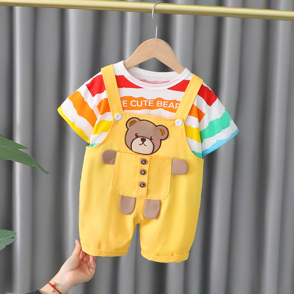 Set quần yếm kaki bé trai bé gái áo thun sọc tay ngắn MINTSCLOSET Mint's Closet đồ gấu cho bé 1 2 3 4 tuổi - YE5107