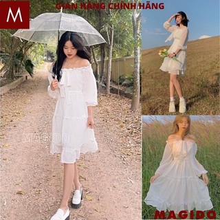 Đầm trễ vai dáng xòe tay dài - Váy trắng tiểu thư bồng bềnh trẻ trung nữ tính thời trang ulzang - MAGIDO V18