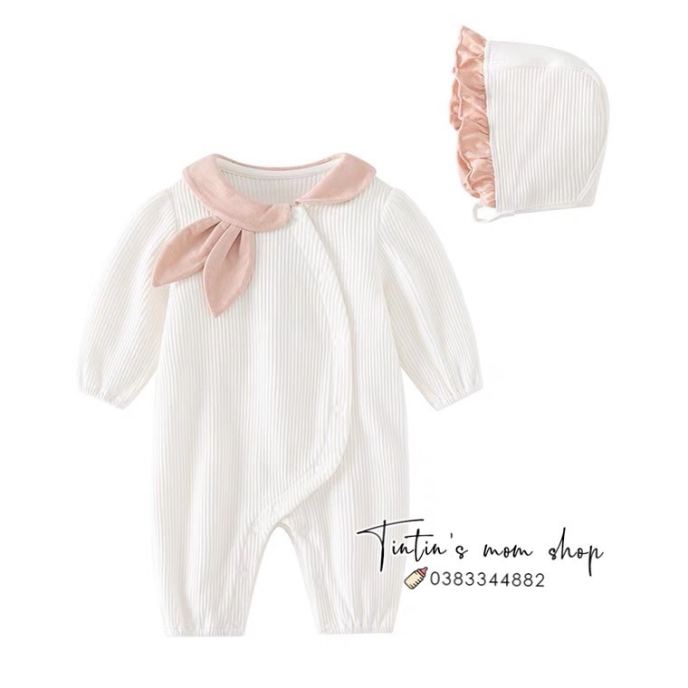 Sét body tiểu thư đầy tháng thôi nôi thun gân lót bông cổ tai thỏ kèm mũ cho bé gái