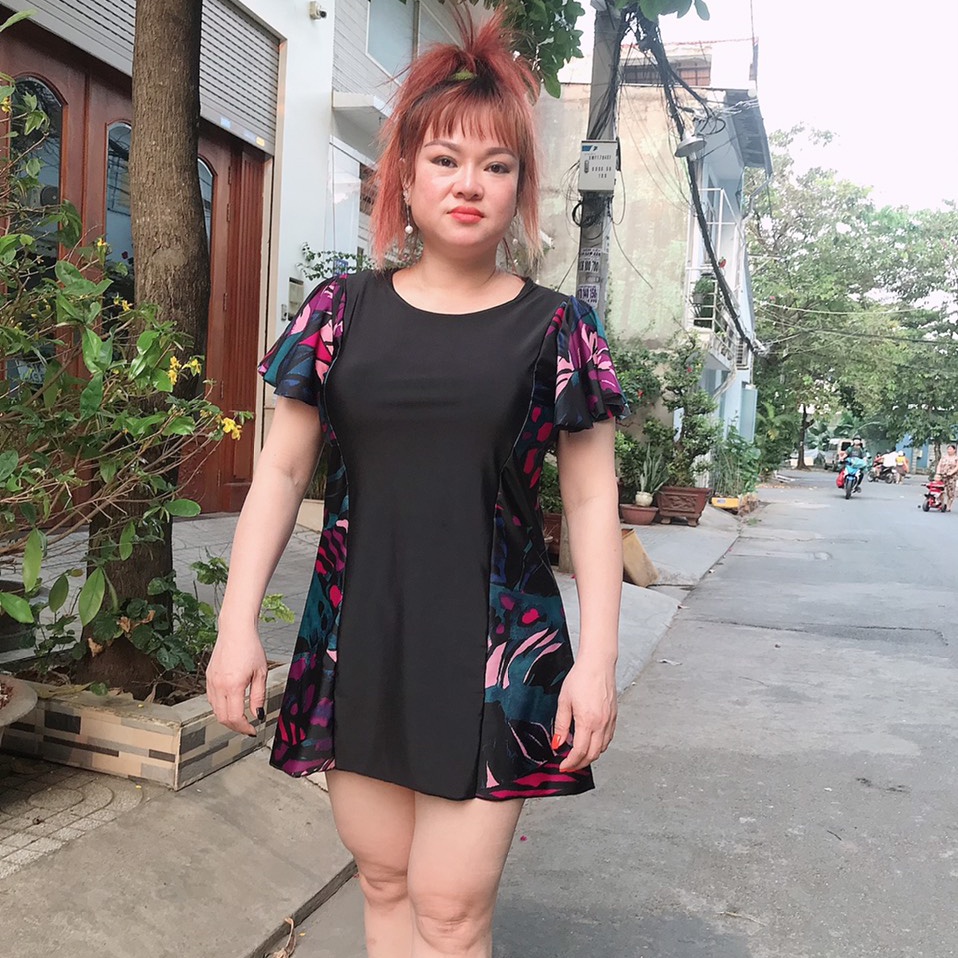 Bikini Đồ bơi nữ 1 mảnh liền thân trung niên dành cho người béo tay ngắn kèm quần đùi lót trong LM018