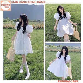 Váy babydoll trắng cổ vuông tay bồng dáng rộng, Đầm xòe nữ tiểu thư dáng ngắn phong cách hàn quốc ulzzang - 1989