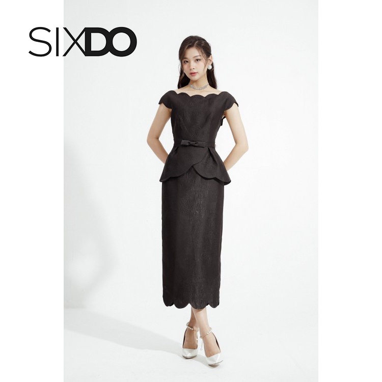 Đầm midi cổ sò màu đen thời trang SIXDO (Black Scalloped Neck Midi Brocade Dress)