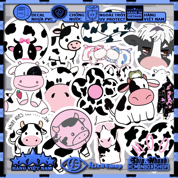 Sticker BÒ SỮA CUTE , hình dán bò sữa cute, chống nước, STICKER dán mũ bảo hiểm, dán laptop, dán vali, dán xe, D