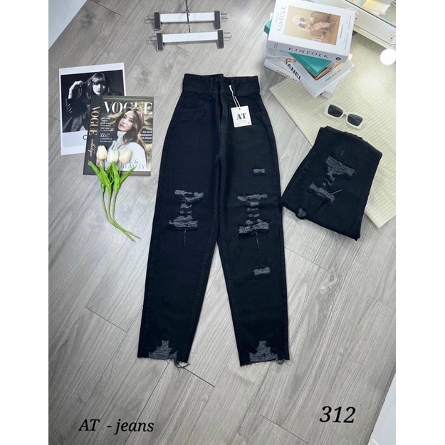 Baggy jeans lưng cao 2 nút rách nhiều