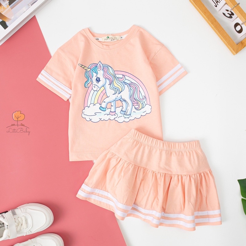 Bộ cotton áo cộc tay, chân váy bé gái 3-10y . Chất cotton mềm mịn, thấm hút mồ hôi, co giãn tốt