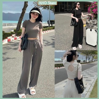 Bộ Croptop Nữ Áo Croptop Ngắn Tay Khoét Lưng Mix Quần Trơn Suông Dáng Thụng Freesize