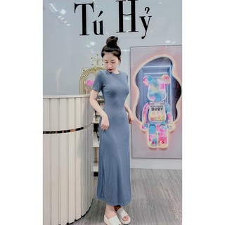 Đầm thun gân ôm body dáng dài tôn dáng, đầm thun gân ôm body cổ tròn ôm eo hạo tiết trơn chất len tăm xinh xắn