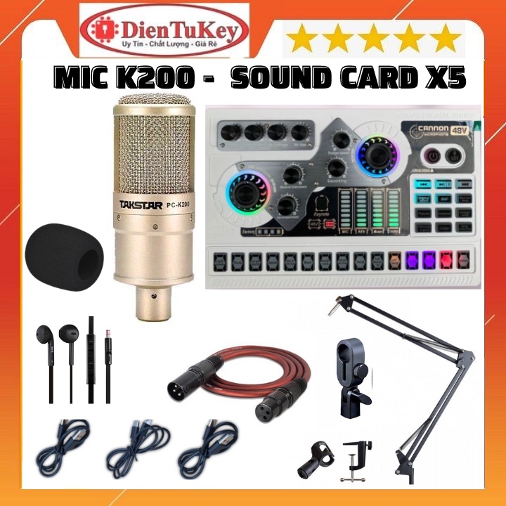 Bộ Sound Card X5, Micro TAKSTAR PC K200 kèm tai nghe chuyên Hỗ Trợ nguồn 48v Hát Autotune , Livestream , Thu Âm