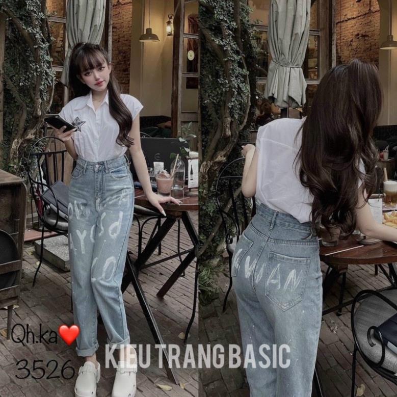 Quần jean baggy vảy sơn in chữ cho nữ