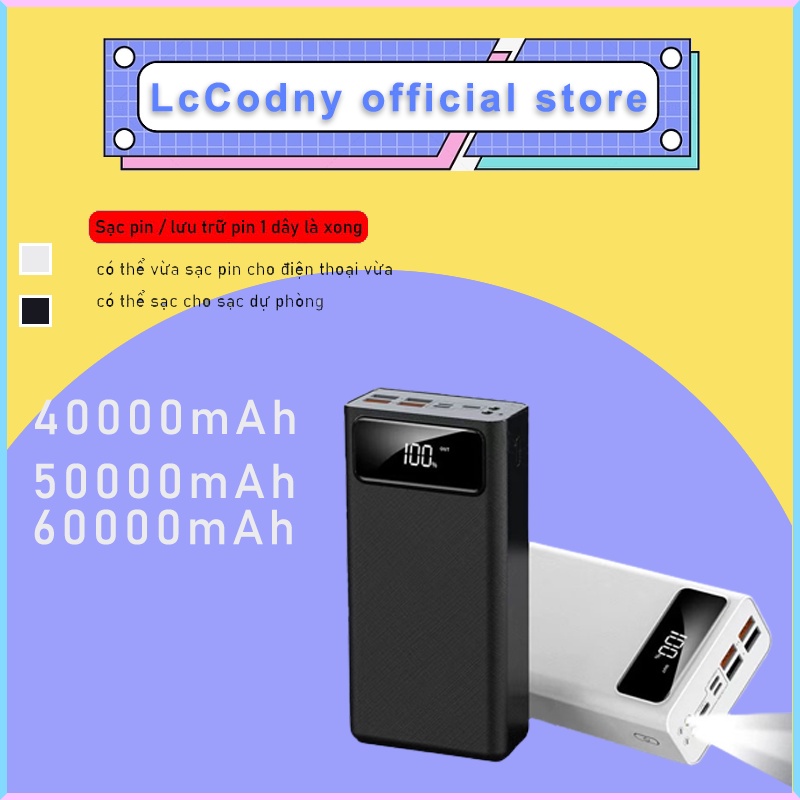 Sạc dự phòng dung lượng lớn 40000mah 50000mah 60000mah , trữ pin nhiều , có đèn pin , màn hình led hiện thị phần trăm pi