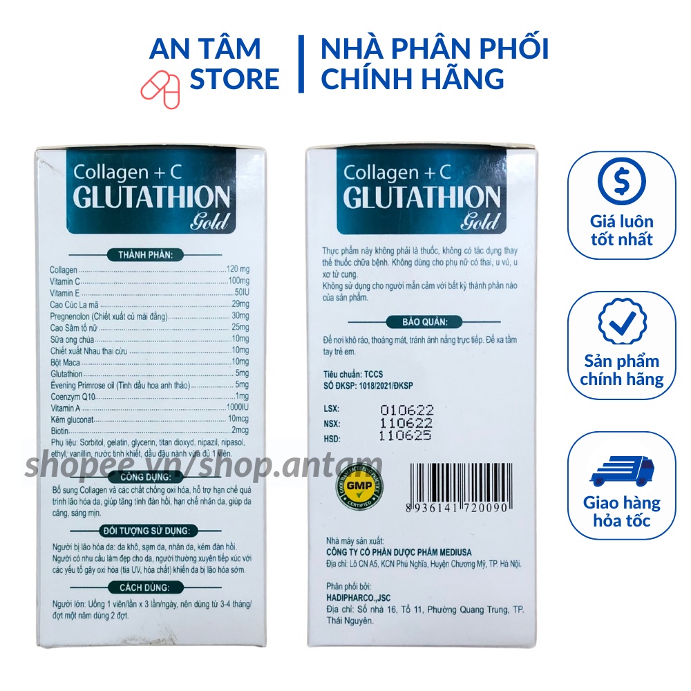 Viên uống trắng da Collagen + C GLUTATHION đẹp da, sáng da, hạn chế lão hoá da hiệu quả Lọ 30 viên