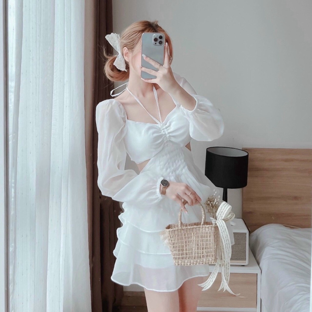 Đầm Voan Tơ Tay Dài Có Dây Đeo Cổ , Họa Tiết Khoét Eo , Màu Trắng Thanh Tao , Dáng Mini Xòe , Thời Trang Đi Chơi Dự Tiệc