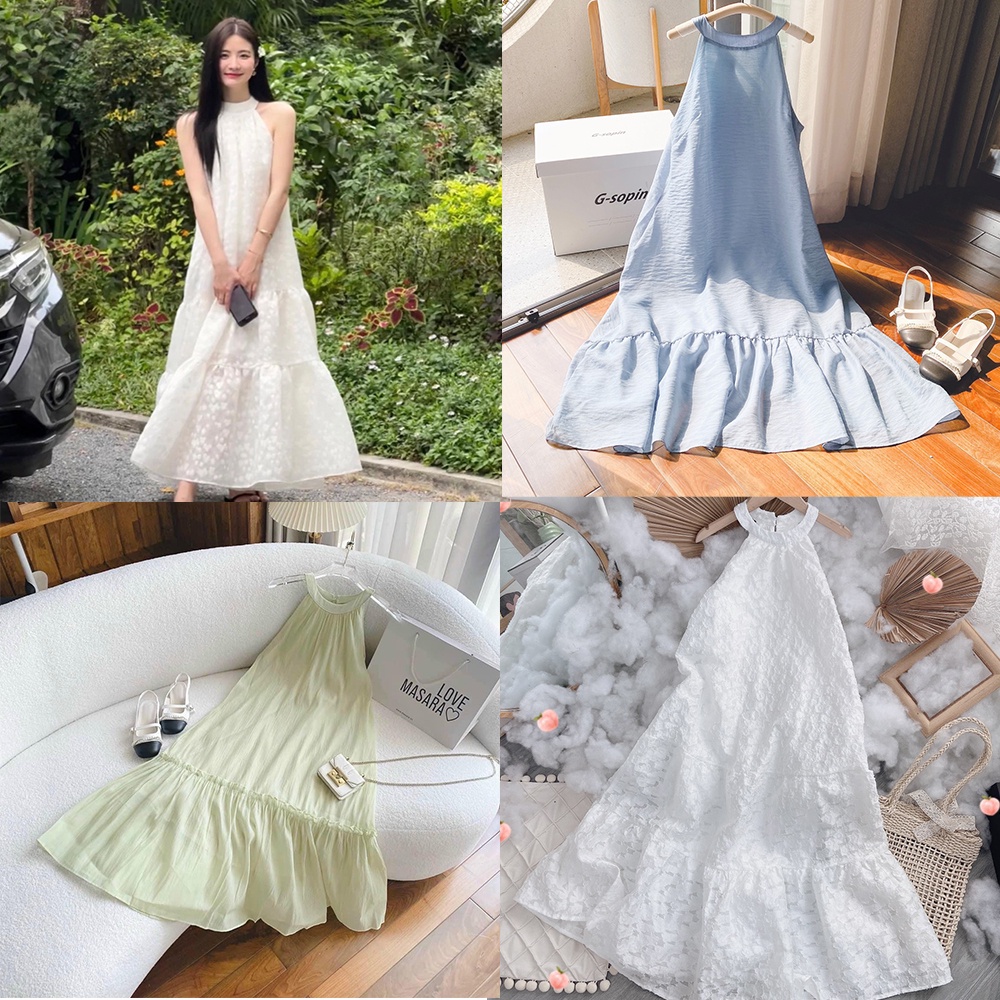 Đầm nữ dự tiệc thiết kế Rossy Fashion, đầm midi hoa cổ yếm bo eo nhíu - SR180