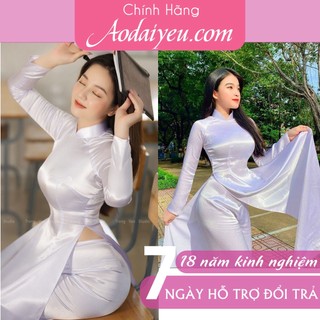 Áo dài màu trắng phi bóng truyền thống, Áo dài truyền thống phi bóng trắng hồng may sẵn áo dài đẹp - yeuaodai