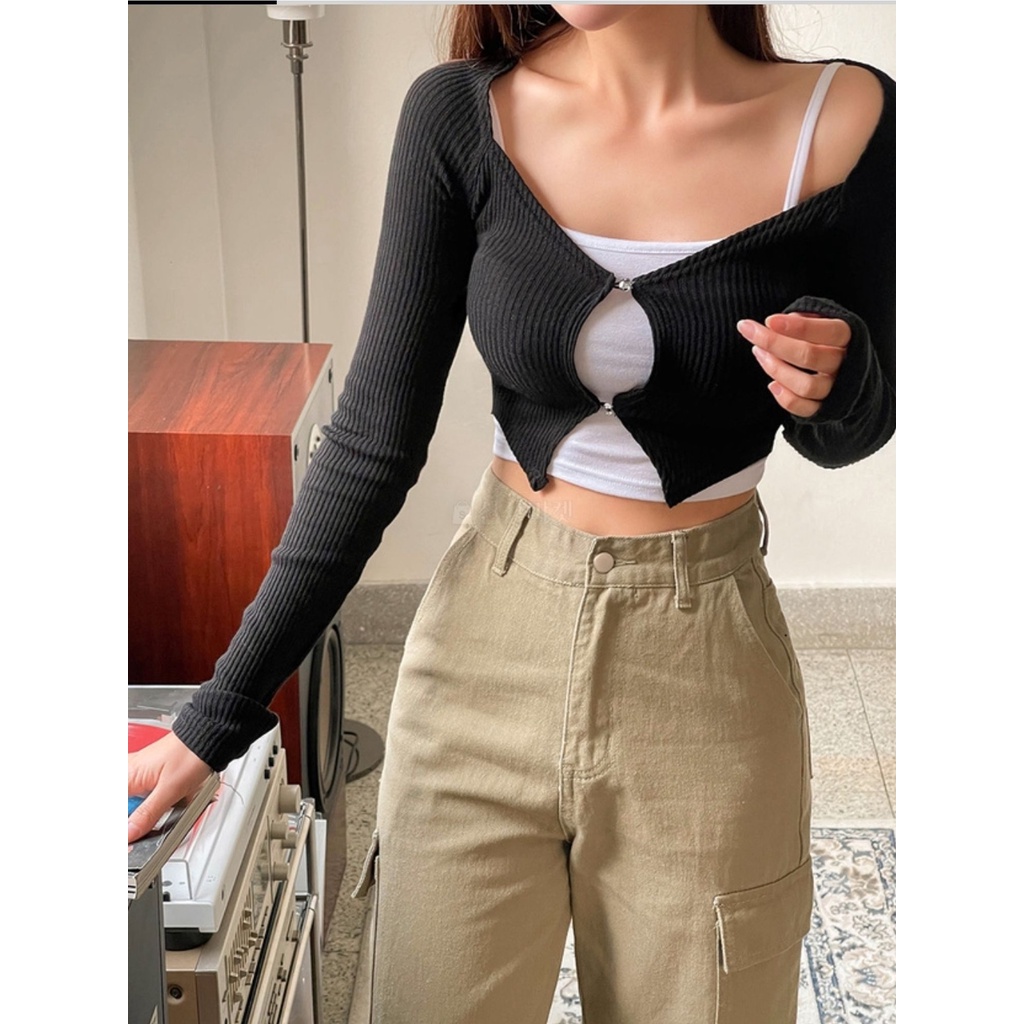 Áo Croptop Dài Tay Phối Nút Xinh Xắn Dành Cho Nữ, áo cardigan dáng crop top