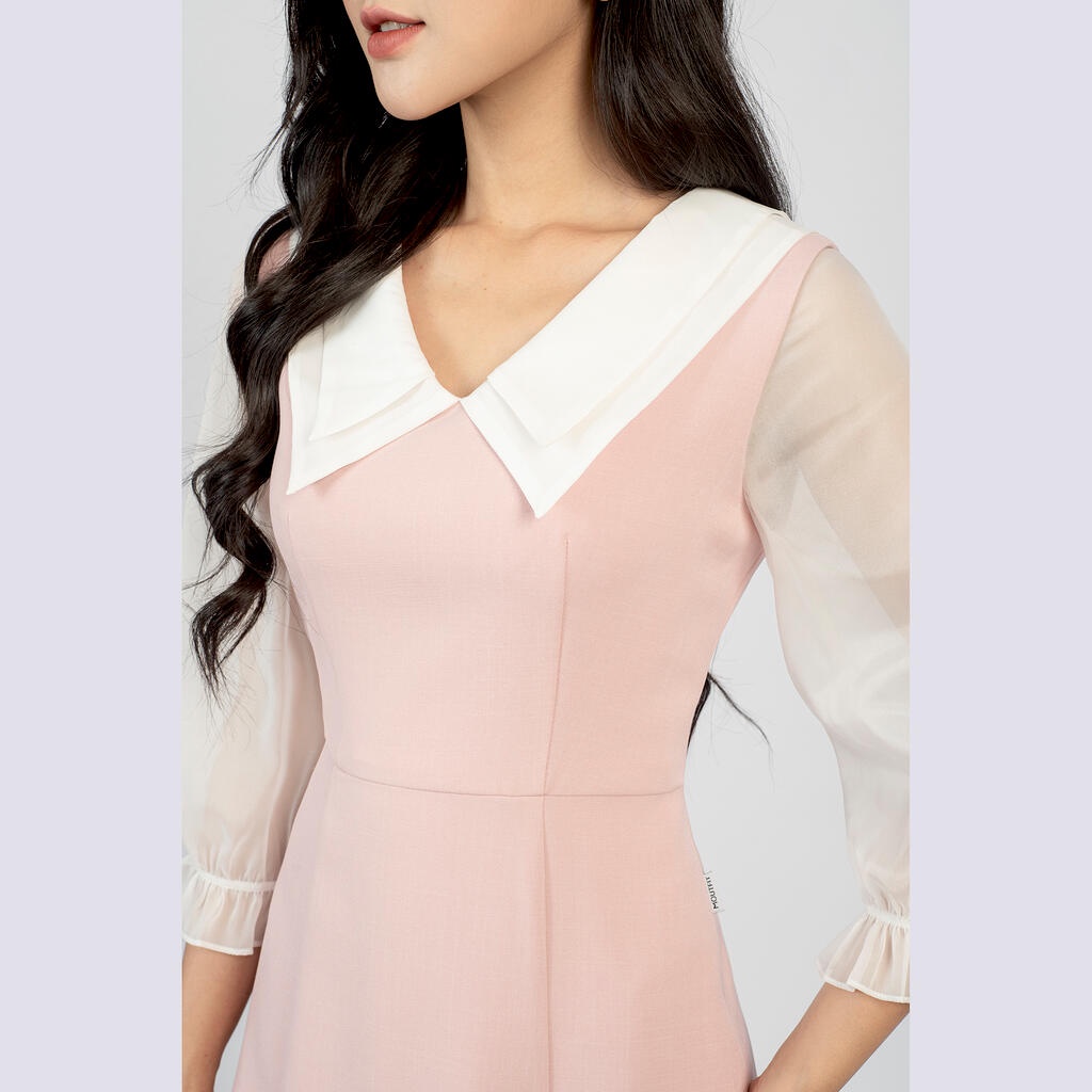 Đầm dáng A, hai lớp lá cổ, tay voan tơ MMOutfit DA0422448