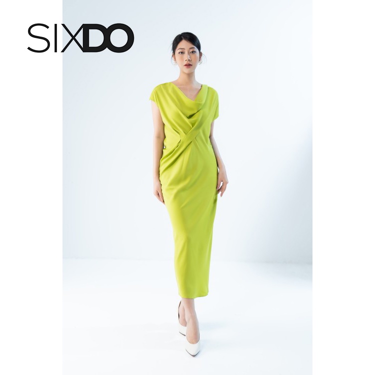 Đầm lụa midi xanh lá nhúm eo cách điệu thời trang SIXDO (Green Midi Silk Dress)