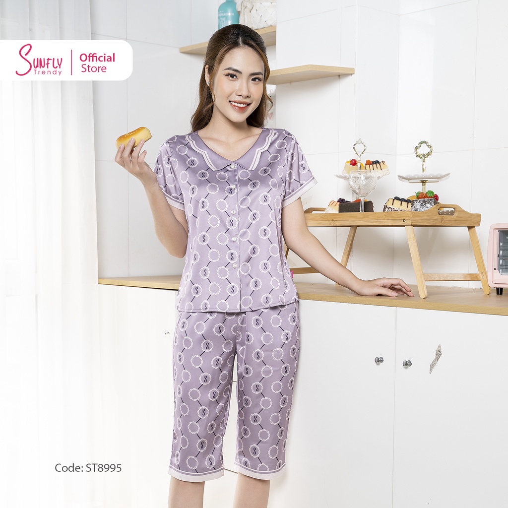 Đồ Bộ Mặc Nhà Nữ Pyjamas Lụa SUNFLY Áo Cộc Quần Ngố ST8995